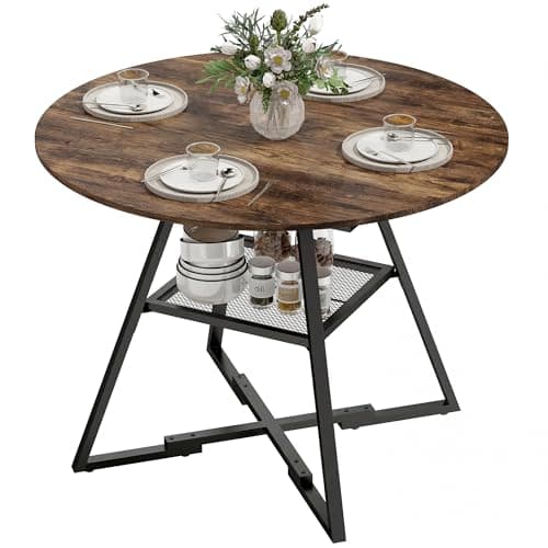 Image of HOMCOM Dining Table for 4 People, 100 cm Round Industrial Kitchen Table with Storage Shelf, Wood Effect Tabletop, Metal Base for Kitchen, Dining Room, Living Room, Rustic Brown