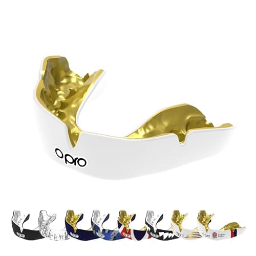 Image of OPRO Instant Custom-Fit Mouthguard – Dentist Level Gum Shield Adult and Kids – OPRO Mouth Guard Boxing and MMA, Self-Fit Gum Shield Rugby – Maximum Protection with Dental Warranty (White/Gold)