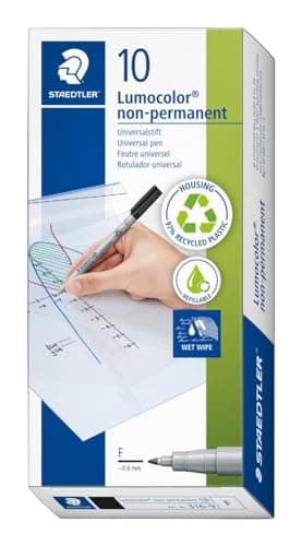 Image of STAEDTLER Lumocolor non-permanent overhead marker, water-soluble ink, suitable for almost all surfaces, line width F 0.6 mm, refillable, long service life, 5 black pens, 316-9X