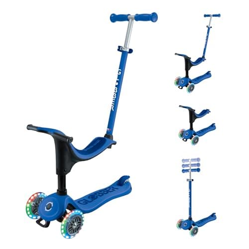 Image of Globber Go Up Sporty Lights Kids Scooter Toddler Ride On - Removable Seat - 2 Year Warranty (Navy Blue)