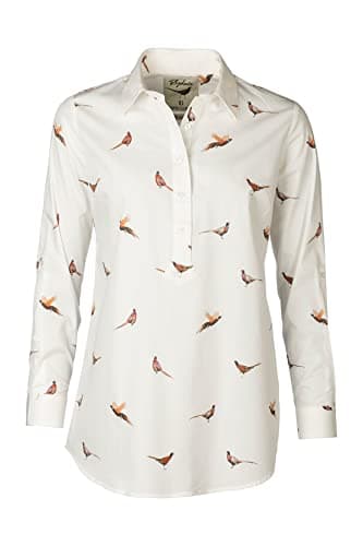 Image of Rydale Ladies Printed Overhead Shirt Women’s Button Shirts Blouse Animal Print White Tops Tunic (as8, Numeric, Numeric_8, Regular, Regular, Pheasant White)
