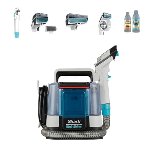 Image of Shark StainStriker Pet Stain and Spot Cleaner, Compact Carpet and Upholstery Cleaner with Powerful Suction, Dual Cleaning Formulas, 4 Tools, Removes Stains, Odours and Dirt, White/Turquoise PX200UKT