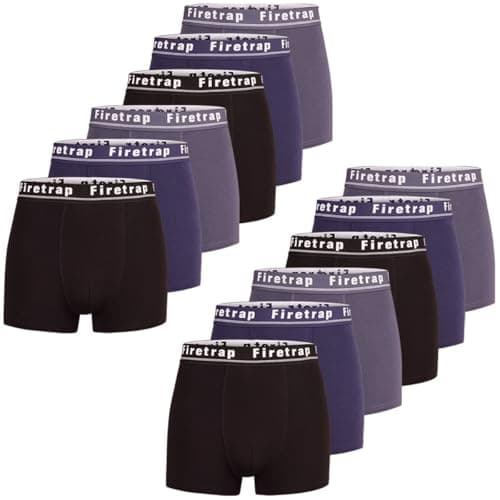 Image of Firetrap Mens 12 Pack Designer Boxer Shorts, Underwear Gift Set Trunks Comfortable Stretch Cotton Plain Colours Mens Briefs Black, Blue, Grey L