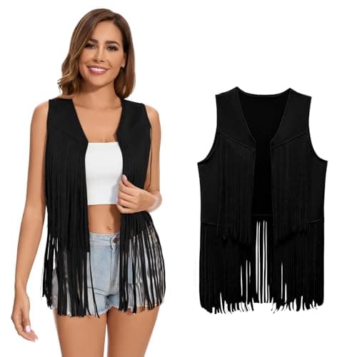 Image of XonyiCos Women's Fringe Vest 70s 60s Hippie Vest Sleeveless Cowgirl Western Faux Suede Tassel Leather Jacket Carnival and Role Play Costumes, M