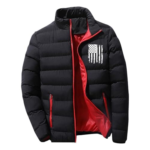 Image of RLEHJN Puffer Jacket Mens Winter Warm Coat Down Jacket Color Block Windbreaker Quilted Jackets Softshell Jackets Full Zip Stand Collar Coat with Zipper Pockets Outerwear Outdoor Sportswear S-3XL