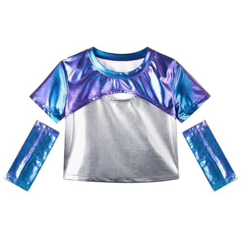 Image of LOLANTA Girls Metallic Top Kids Sparkly Disco Hip Hop Performance Tops Shiny Ballet Dance Tops with Metallic Arm Sleeves, Blue Purple, 10-11 Years, 150