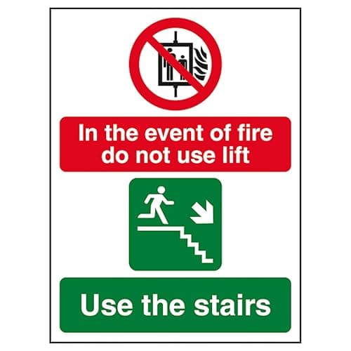 Image of V Safety In The Event Of Fire Do Not Use Lift/Use The Stairs Right 150 x 200 mm - Self Adhesive Vinyl Safety Sign