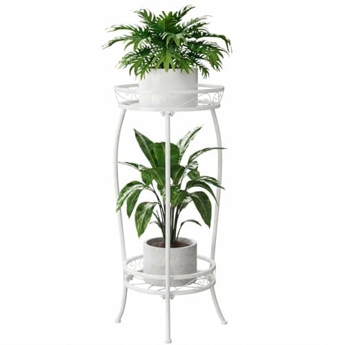 Image of Bamworld Plant Stand Indoor Metal 2 Tier Plant Shelf Black Plant Holder Large Plant Rack for Mutiple Plants Pots for Patio Garden Corner Balcony Living Room(White)