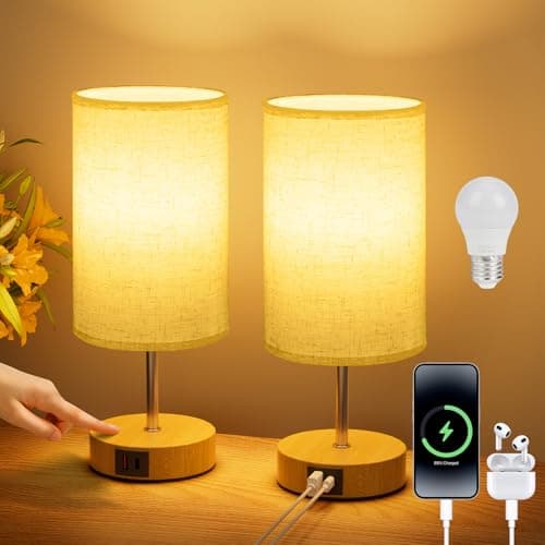 Image of Suright Bedside Lamps Set of 2, Touch Lamps Bedside with USB A+C Charging Ports, 3-Way Dimmable Table Lamp, Small Lamp for Bedroom Living Room with Linen Fabric Shade (LED Bulb Included)