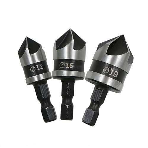 Image of Foyscr 3 Pcs 1/4 Inch Hex Shank Countersink Drill Bit Set, 5 Flute 90 Degree Chamfering Counter Sinker, Wood Drill Bits 12mm 16mm 19mm