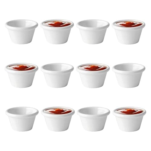 Image of Chabrias Pack of 12 Plain White 2oz Traditional Ramekins, Condiment Pots, Sauce Ramekins, Dip Bowls, Tough Plastic Sauce Pots, Made in England