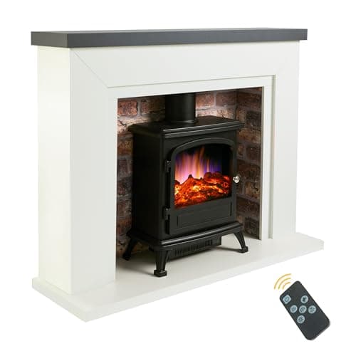 Image of Endeavour Fires Farlington Electric Fireplace, Black Log Burner Stove in 48’’ Off White Surround, LED Downlights with Remote Control (Grey Top/Rustic Brick)