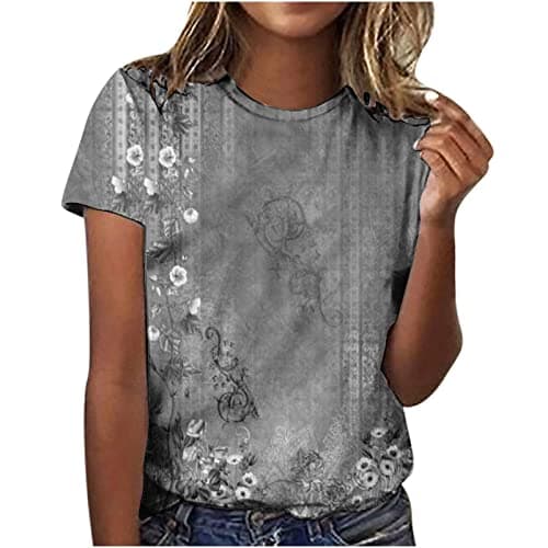 Image of HSUAYEUD Cotton T Shirts for Women UK Summer Tops for Women UK Casual Print Short Sleeve Tops Crew Neck Blouse and Shirts Loose Fit Women T-Shirts Gray 5XL