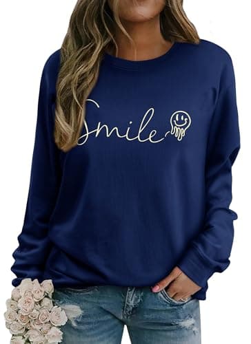 Image of WIEIYM Women's Sweatshirts Smile Sweatshirt Cotton Graphic Crewneck Sweatshirt Funny Long Sleeve Tops Basic Pullover for Spring Autumn Winter