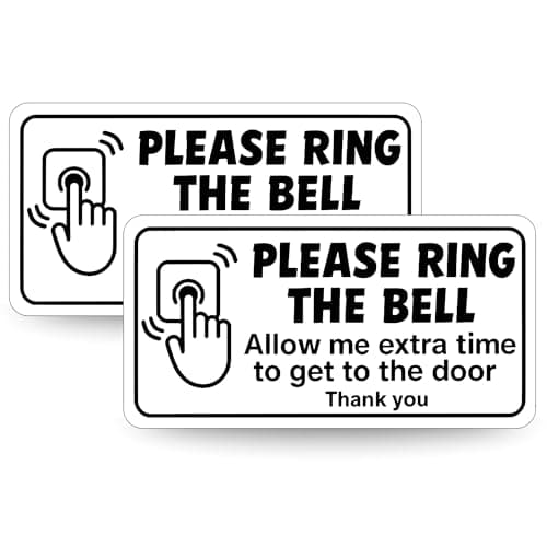 Image of Please Ring the Bell Doorbell Sign 2-Pack – Small 100 x 50mm Glossy Vinyl Sticker, Removable Waterproof Notice for Delivery Drivers – Allow Extra Time to Answer the Door