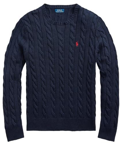 Image of POLO RALPH LAUREN Men's Iconic Cable Knit Cotton Pullover Sweater, Ralph Lauren Navy Blue, Large