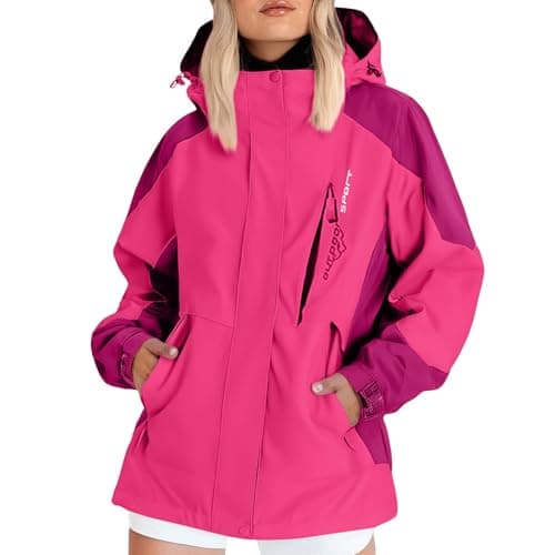 Image of AIDTFUIEY Lightweight Waterproof Jacket Women Casual Outdoor Raincoats Softshell Functional Storm Flap Rain Jacket Detachable Hood Zip Pockets Raincoat for Cycling Hiking (Hot Pink, M)
