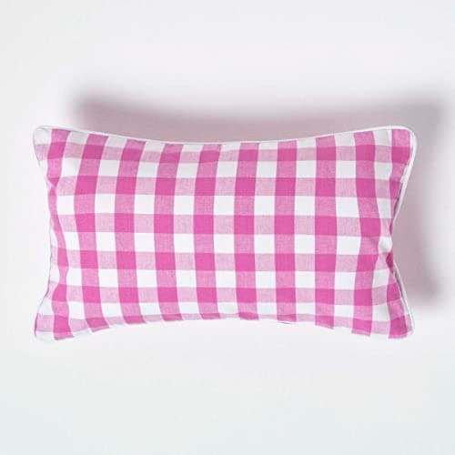 Image of HOMESCAPES Pink and White Gingham Cushion Cover 30 x 50 cm (12” x 20”) Block Check Pattern 100% Cotton Decorative Rectangular Cushion