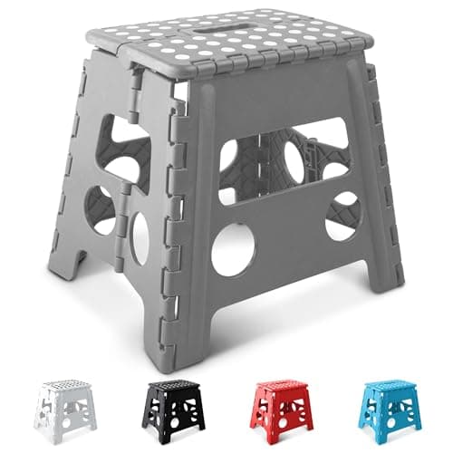 Image of KEPLIN 13 Inch Heavy Duty Folding Step Stool | Non-Slip Foldable Footstool for Toddlers, Children & Adults | Portable, Lightweight Plastic Footstep w/Carrying Handle for Indoor or Outdoor (Grey)