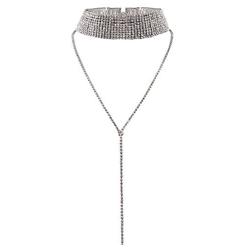 Image of Elegant Rose Multi-rows Rhinestones Choker Necklace Round Neck Long Sweater Pendant Adjustable Necklace Jewelry for Ladies Womens (Silver)