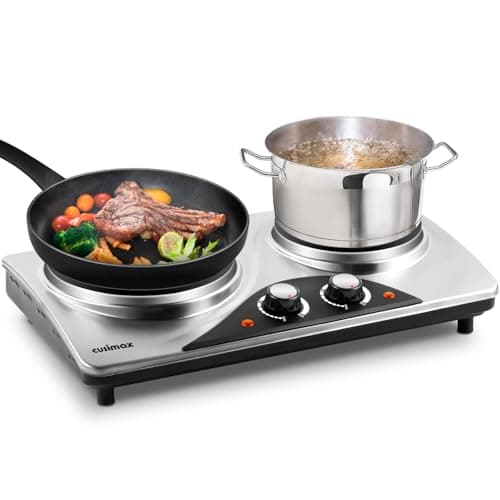 Image of Double Hot Plate, CUSIMAX Electric Hot Plate for Cooking Portable Electric Hob, Cooktop Table Top Hob with 2 Cast Iron Rings Double Burner with Dual Temperature Control Stainless Steel