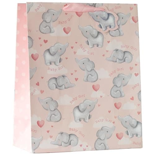 Image of Design By Violet Pink Baby Girl Elephant Paper Gift Bag With Gift Tag Baby Shower Newborn Gift Wrap Occasion Present Large