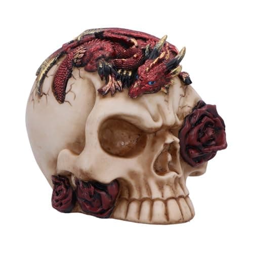 Image of Nemesis Now Rose Flame Skull Figurine – Sleeping Red Dragon on Bone-Colored Skull with Rose and Cracked Finish, Resin Decor 14.5 cm