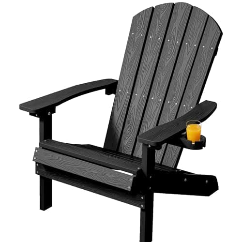 Image of MXIMU Adirondack Chair for Outdoor Garden: All-Season Adirondack Garden Chairs with Cup Holder HIPS Weather-Resistant Garden Furniture - Comfort Adirondack Chairs for Patio/Fire Pit/Deck/Beach(Black)