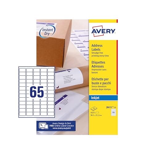 Image of Avery Quickdry, Printable, Address Labels, Customisable, 38.1 x 21.2 mm, White, 65 Labels per Sheet, 1625 Blank Labels per Pack (‎J8651-25)