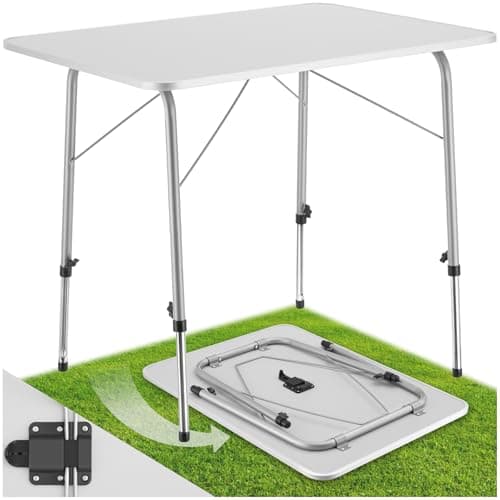 Image of tectake® Folding Utility Table - Height Adjustable, Collapsible, Lightweight - Portable for Indoor & Outdoor Use - Picnic, Camping or Hobby Size - Steel Frame, Aluminium Edges, Veneered Top