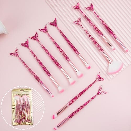Image of 10 PCS Mermaid Makeup Brushes, Rose Red Crystal Glitter Blush Highlight Eye Shadow Eyebrow Concealers Brush Set with Sequins Synthetic Fiber Make up Brush, Gift for Girls & Women