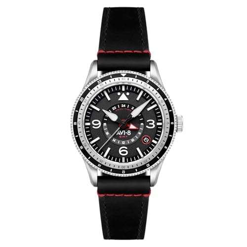 Image of AVI-8 Men's 40mm Flyboy Airmaster GMT Automatic Engine Black Watch with Leather Strap AV-4128-01