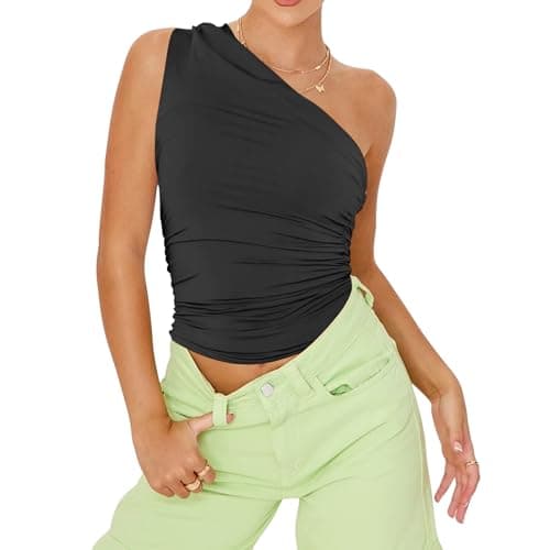 Image of Womens One Shoulder Shirts Going Out Crop Tops Basic Sexy Slim Fit Y2K Tank Top Summer Fashion 2025 (UK, Alpha, S, Regular, Regular, Black)