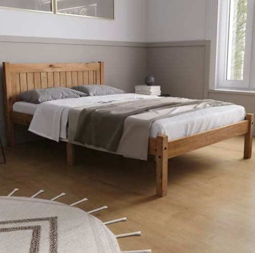 Image of Happy Beds Rio Wooden Bed Waxed Pine Finish Traditional Frame Bedroom 4'6'' Double 135 x 190 cm