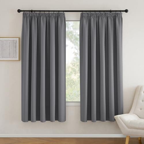 Image of PONY DANCE Grey Blackout Curtains for Living Room Pencil Pleat Thermal Insulated Curtains 90x72 Inch for Window Treatment Extra Wide Curtains with Hooks for Track, W90 X L72, Gray