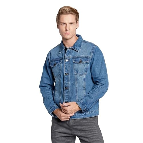 Image of BRAVE SOUL Mens Denim Jacket Classic Western Style Coat Button Up Long Sleeve Trucker Jacket for Men, Blue Denim, Colour, Size- S