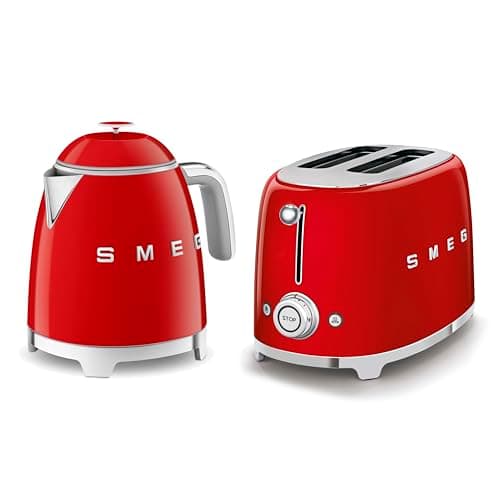 Image of Smeg 50’s Style Retro Range Breakfast Set, 0.8L 1400W Mini Kettle and Multi-Functional Control 2-Slice 950W Toaster, Red, KLF05RDUK/ TSF01RDUK
