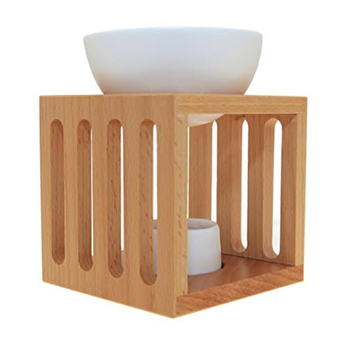 Image of Sensoli Cube Oil Burner – Solid Wood with White Ceramic Bowl and Tealight Candle Holder
