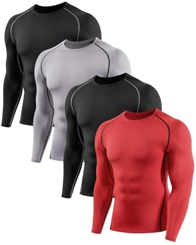 Image of Orrfreer 4 Pack Men's Long Sleeve Compression Base Layer Top Quick Dry Long Sleeve Running Top Mens Tight Baselayer Tee Shirts All Season for Running Training Black/Grey/Black/Red L