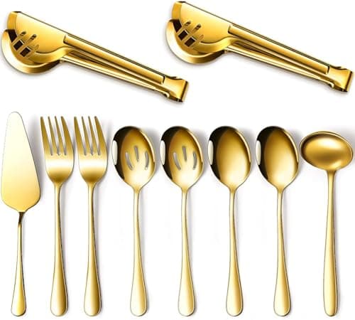 Image of LATERN 10Pcs Serving Utensil Set, Stainless Steel Flatware Serving Tool Kit Included Large Spoon Slotted Spoon Fork Tong Soup Ladle Pie Server Buffet Catering - Gift for Wife Mother Chrismas (Gold)