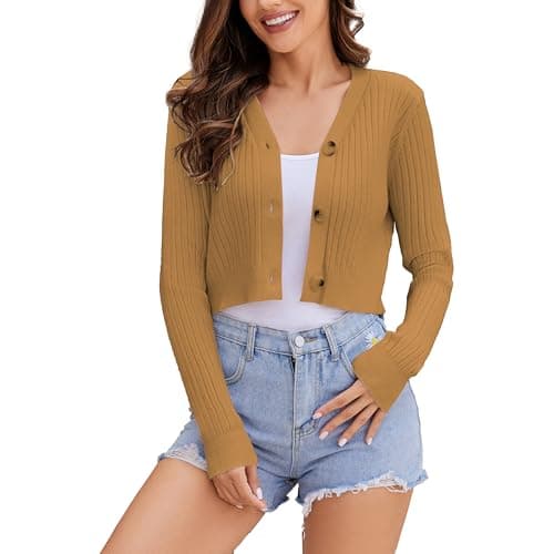 Image of Women's Long Sleeve Cropped Cardigan Sweaters V Neck Solid Button Down Knit Bolero Shrugs Brown