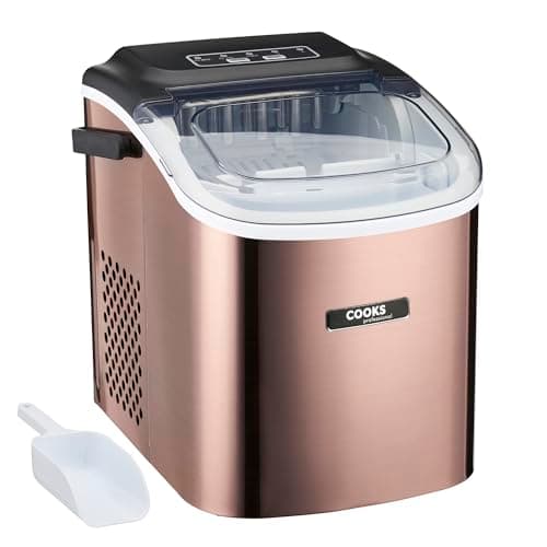 Image of Cooks Professional 12KG Ice Maker Machine with Scoop | Countertop Ice Cube Maker for Home, Kitchen, Bar | Large Capacity 1.3L Water Tank | Quick & Easy with 2 Ice Size Options | No Plumbing | Copper