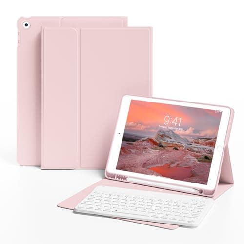 Image of KVTVOU Case With Keyboard for iPad 9th / 8th / 7th Generation 2021/2020/2019 10.2 Inch, Soft TPU Case with Pencil Holder, Magnetic Detachable Bluetooth English Keyboard for iPad 9/8/7, Pink