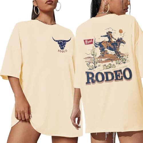 Image of REBOYA Oversized T-Shirt Women's Round Neck Summer Tops Print Short Sleeve Back Pattern Loose Retro Cowboy T Shirts Blouse, Apricot, M