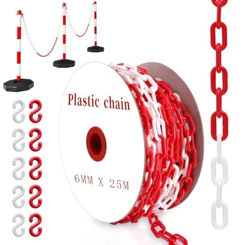 Image of YUJUVI Plastic Chain High Visibility 25 Meter Plastic Barrier Chain Red and White Plastic Chain 6mm Chain Link for Crowd Control, Road Safety, Construction, Parking, Warehouse & Event Barriers