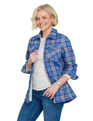 Image of Amber Ladies Fleece Lined Zip Front Check Outer Shirt Cosy Flannel Style Blue 10