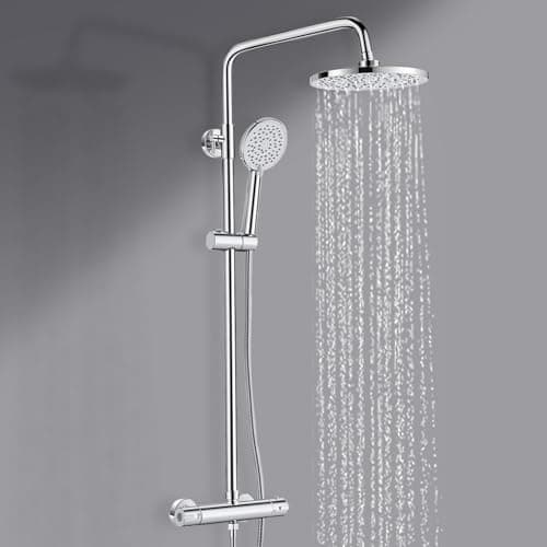 Image of Thermostatic Shower Mixer Set, Bevankly Round Shower System, Thermostatic Shower Bar Set with Rainfall Shower, 3 Jet HandheldShower, Adjustable Height 80-117cm, Chrome