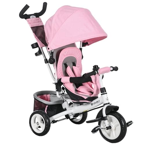 Image of HOMCOM Trike for Kids, 6 in 1 Tricycle, Pedal Push Bike w/Push Handle, Removable Canopy, 5-point Seat Belt, Storage, Cushion, Footrest, Brake, for 1-5 Years Toddler, Pink