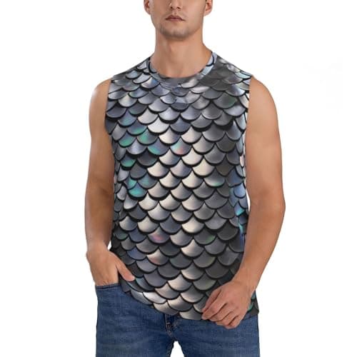 Image of Bryptxztxt Silver Fish Scale Mens Top Vest Sleeveless T-Shirt Casual Loose Round Neck Summer Workout Bodybuilding Running Gym Quick-Drying Sports Tank