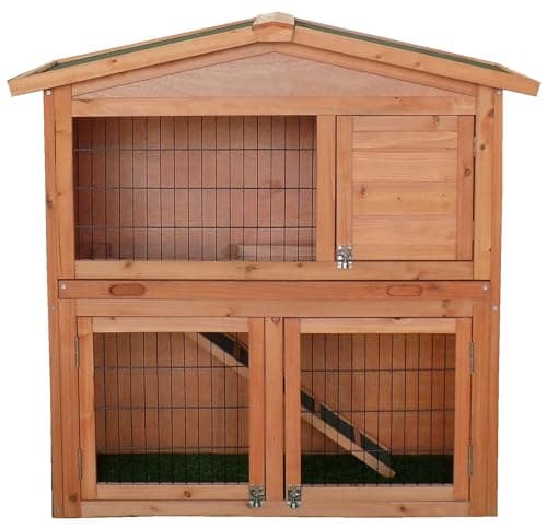 Image of CHARLES BENTLEY FSC Wooden, Two Storey Pet Hutch, With Play Area, Natural Wood, Ramp, Three Openings, Bolt Type Locks, Black Mesh, Waterproof, Sloped Roof, Separate Sleeping Area (101x100x54cm)